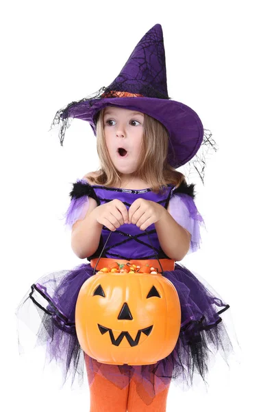 Young Girl Halloween Costume Pumpkin Bucket White Background — Stock Photo, Image