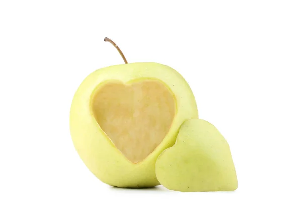 Green Apple Cutout Heart Shape White Background — Stock Photo, Image