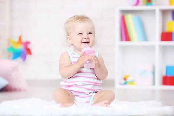 Baby Girl Sitting White Carpet Bottle — Stock Photo, Image