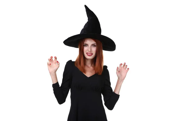 Beyaz Arka Plan Üzerinde Izole Halloween Kılık Kadında Güzel Redhaired — Stok fotoğraf