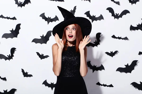 Beautiful Redhaired Woman Paper Bats White Background — Stock Photo, Image