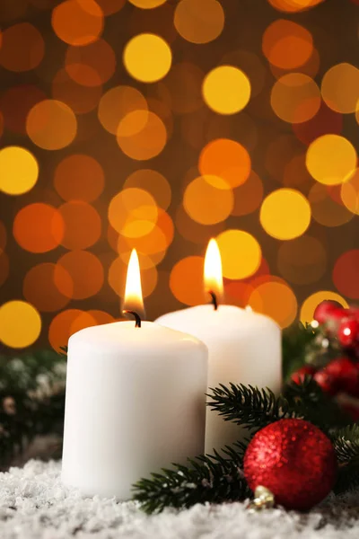 Christmas Candles Fir Tree Branches Bauble Lights Background — Stock Photo, Image