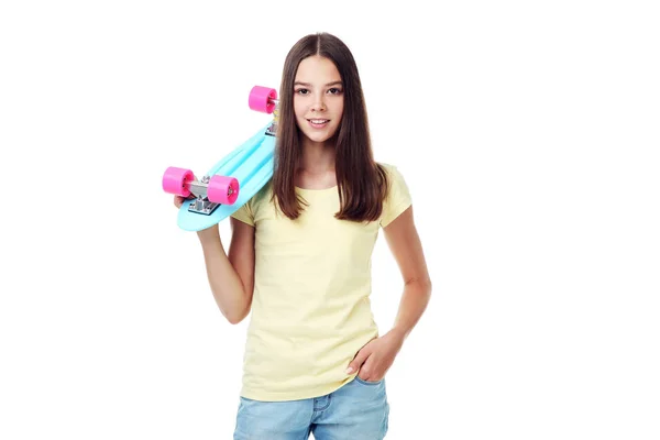 Jong Meisje Met Skateboard Witte Achtergrond — Stockfoto