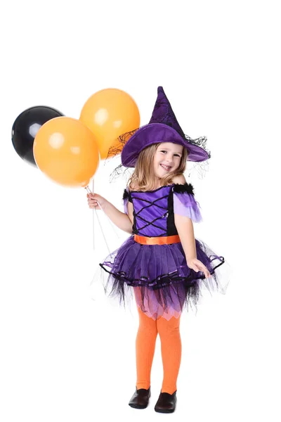 Young Girl Halloween Costume Balloons White Background — Stock Photo, Image