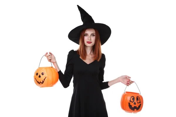 Hermosa Mujer Pelirroja Traje Halloween Con Cubos Calabaza Sobre Fondo — Foto de Stock