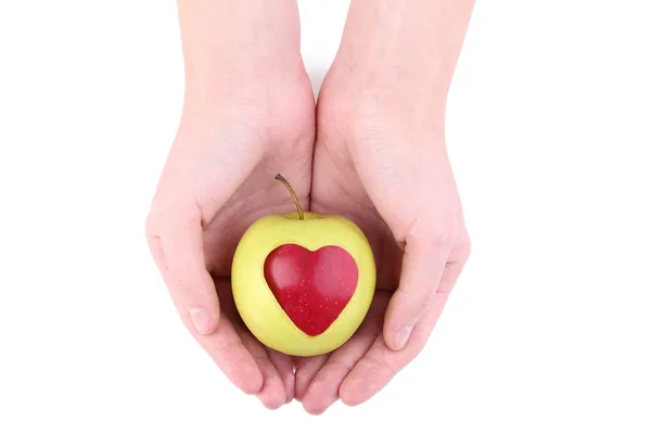 Female Hands Holding Apple Cutout Heart Shape White Background — Stock Photo, Image