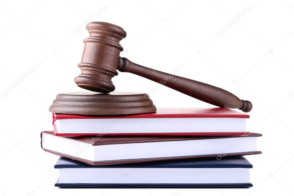 Judge gavel with books on white background