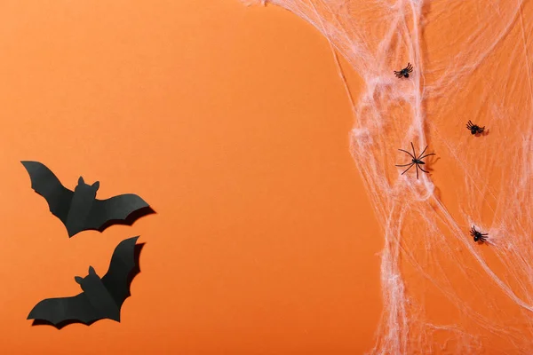 Halloween Paper Bats Spiders Cobweb Orange Background — Stock Photo, Image