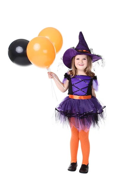 Genç Kız Beyaz Arka Plan Üzerinde Balonlu Halloween Kılık — Stok fotoğraf
