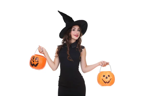 Mujer Joven Traje Halloween Con Cubos Calabaza Aislados Sobre Fondo — Foto de Stock