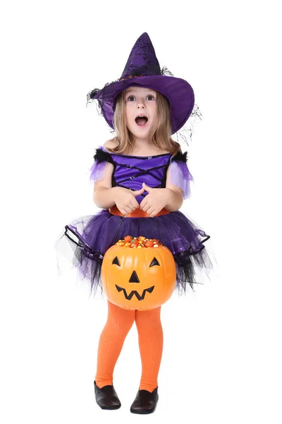 Young Girl Halloween Costume Pumpkin Bucket White Background — Stock Photo, Image