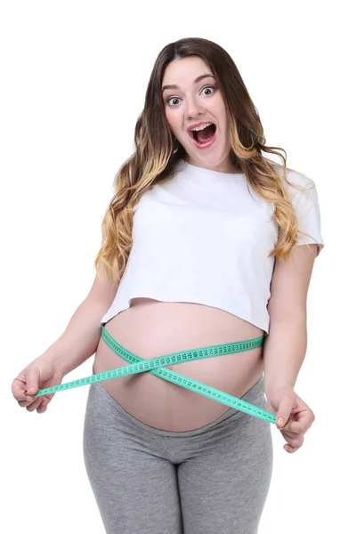 Mooie Zwangere Vrouw Met Het Meetlint Witte Achtergrond — Stockfoto