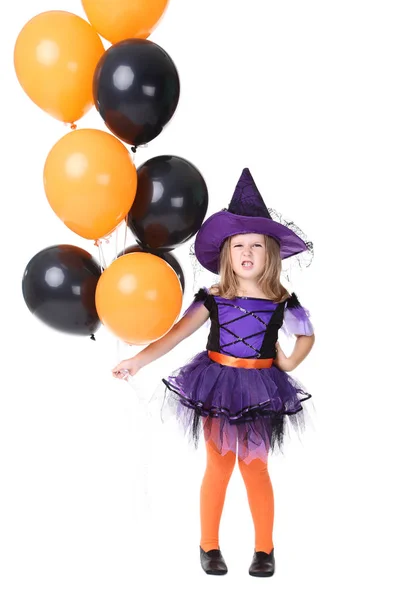 Jong Meisje Halloween Kostuum Met Ballonnen Witte Achtergrond — Stockfoto