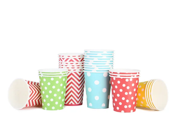 Tasses Papier Motifs Colorés Sur Fond Blanc — Photo