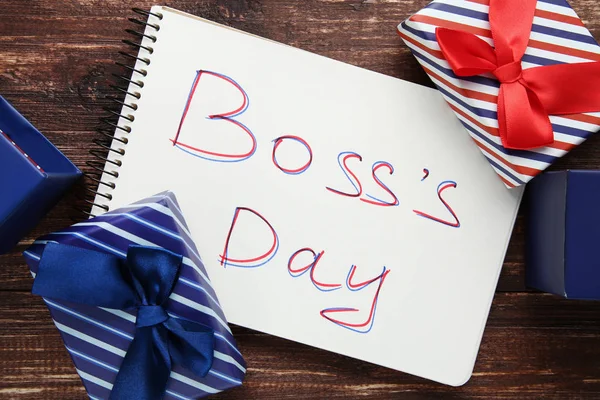 Inscription Boss Day Notebook Gift Boxes Wood — Stock Photo, Image