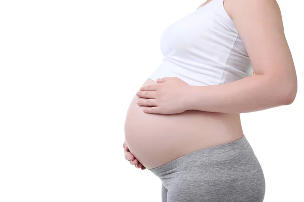 Zwangere Vrouw Aanraken Buik Witte Achtergrond — Stockfoto
