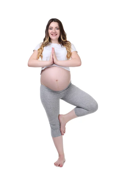 Unga Gravid Kvinna Gör Övningar Vit Bakgrund — Stockfoto