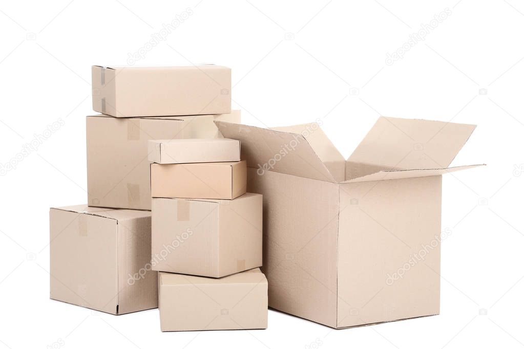 stacked cardboard boxes on white background