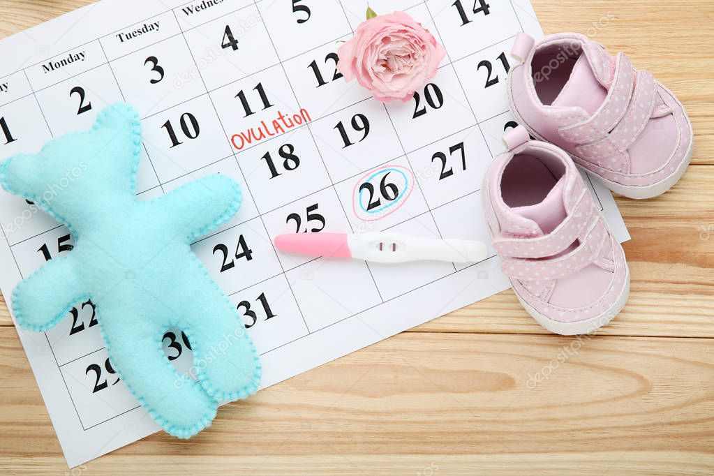 Pregnancy test with flower, soft toy and paper calendar on wooden background