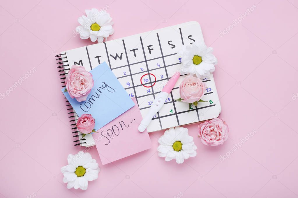 Pregnancy test with paper calendar and flowers on pink background
