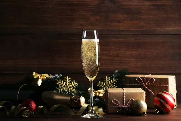 Champagne Bottle Glass Christmas Decorations Wooden Background — Stock Photo, Image