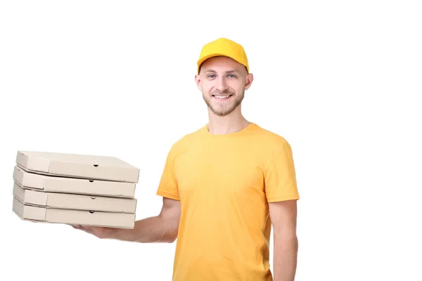 Entrega Homem Com Caixas Pizza Fundo Branco — Fotografia de Stock