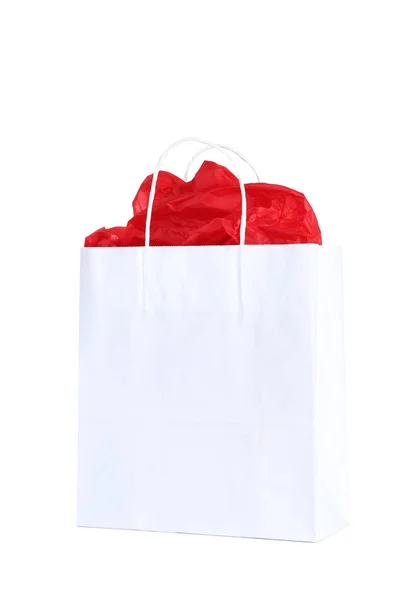 Bolsa Compras Con Papel Rojo Sobre Fondo Blanco — Foto de Stock