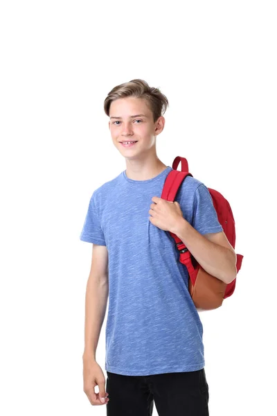 Jeune Garçon Avec Sac Dos Rouge Debout Sur Fond Blanc — Photo