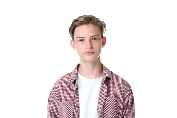 Niedlicher Teenager Steht Auf Weißem Hintergrund — Stockfoto