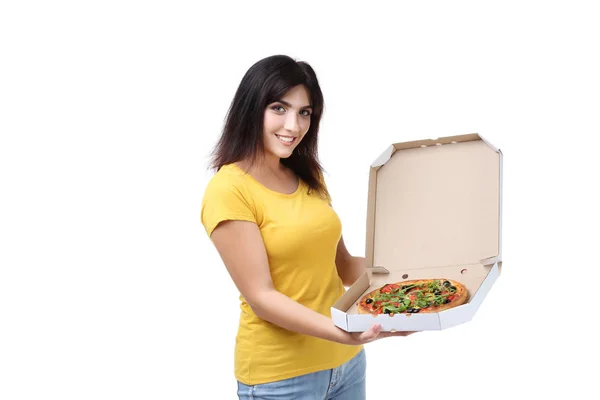 Femeie Tânără Pizza Cutie Carton Fundal Alb — Fotografie, imagine de stoc