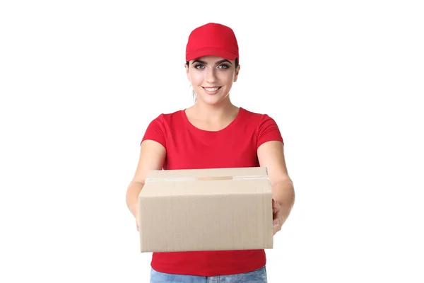 Delivery Woman Cardboard Box White Background — Stock Photo, Image