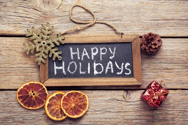 Inscriptie Happy Holiday Houten Frame Met Gesneden Sinaasappelen — Stockfoto