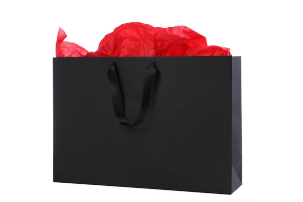 Μαύρη Τσάντα Για Ψώνια Κόκκινο Χαρτί Λευκό Φόντο — Φωτογραφία Αρχείου