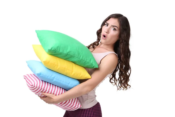 Chica Sosteniendo Almohadas Colores Sobre Fondo Blanco — Foto de Stock