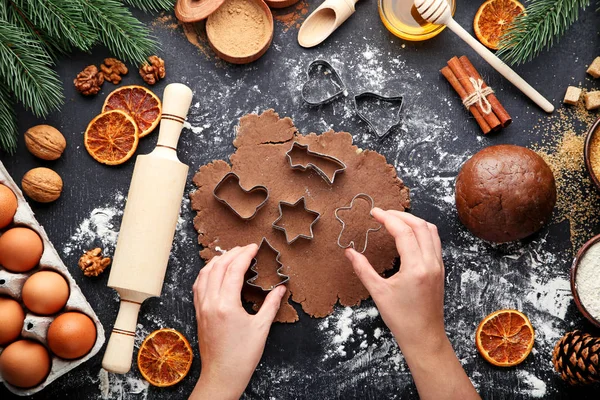 Human Hands Preparing Christmas Cookies Grey Background — Stock Photo, Image