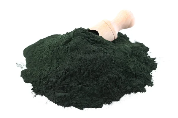 Espirulina Polvo Montón Con Cuchara Aislada Sobre Fondo Blanco —  Fotos de Stock