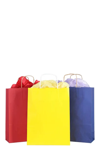 Bolsas Compras Coloridas Con Papel Sobre Fondo Blanco —  Fotos de Stock