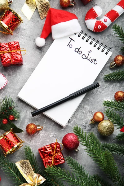 List Notepad Christmas Decorations Grey Background — Stock Photo, Image