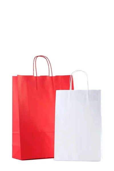 Rood Wit Papier Boodschappentassen Geïsoleerd Witte Achtergrond — Stockfoto