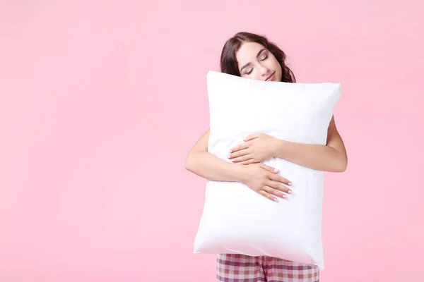 Beautiful Girl Holding White Pillow Pink Background — Stock Photo, Image