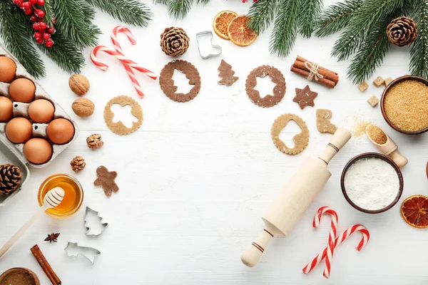 Baking Christmas Cookies White Wooden Background — Stock Photo, Image