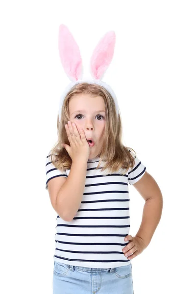 Hermosa Chica Ropa Moda Orejas Conejo Aisladas Sobre Fondo Blanco —  Fotos de Stock