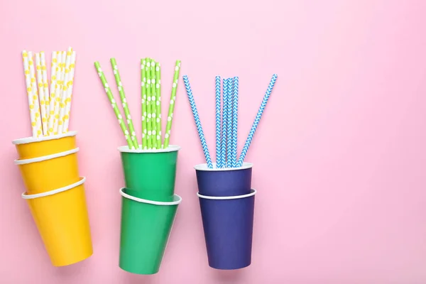 Colorful Paper Cups Straws Pink Background — Stock Photo, Image