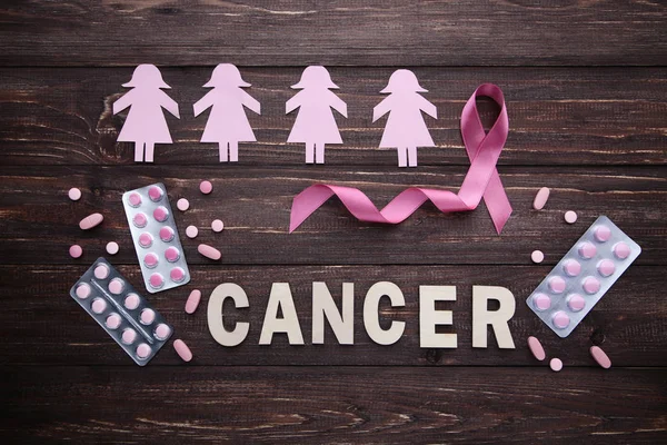 Roze Lint Met Pillen Papier Mensen Borst Kanker Concept — Stockfoto