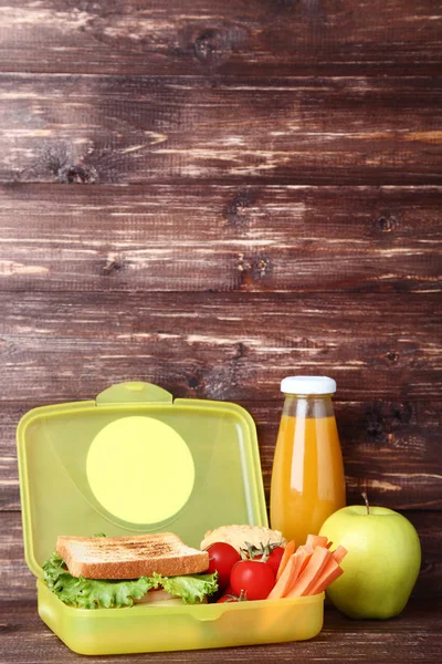 School Lunch Box Sandwich Vegetables Wooden Table — Stock Photo, Image