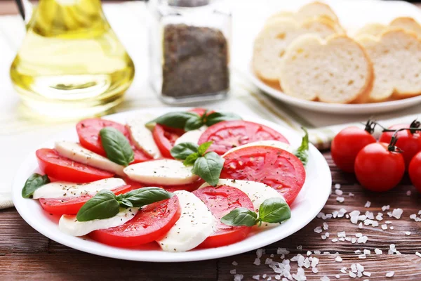 Mozzarella Tomatoes Basil Leaves Brown Wooden Table — Stock Photo, Image