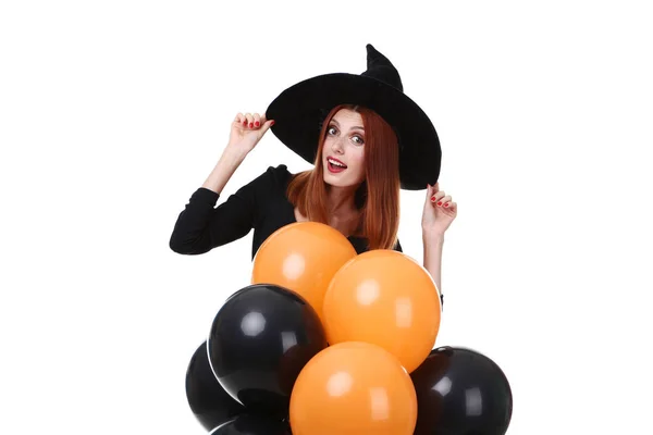 Hermosa Mujer Pelirroja Traje Halloween Con Globos Sobre Fondo Blanco —  Fotos de Stock