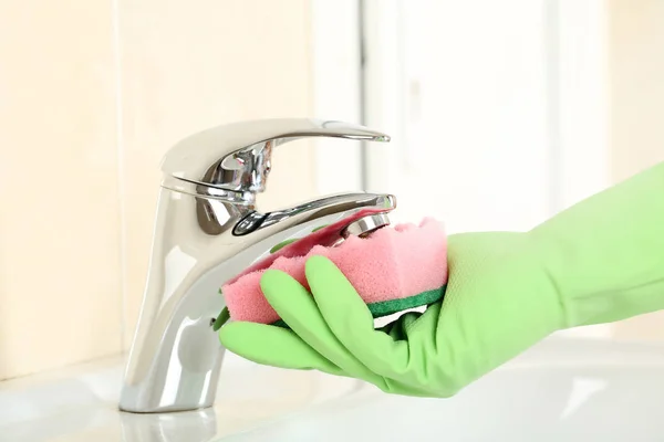 Hand Glove Cleaning Water Tap Bathroom — Stock Photo, Image