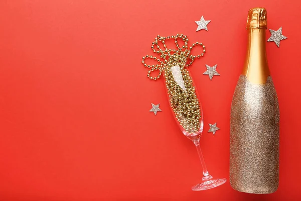 Decorated Champagne Bottle Stars Beads Red Background — Stock Photo, Image