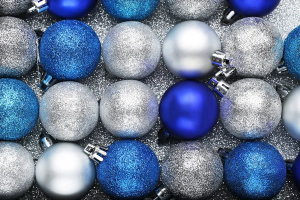 Blauwe Zilveren Kerst Kerstballen Achtergrond — Stockfoto
